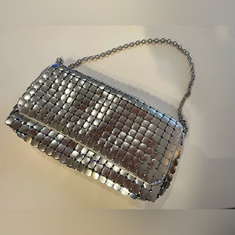 Silver Mesh Squares Shoulder Bag Snap Closure